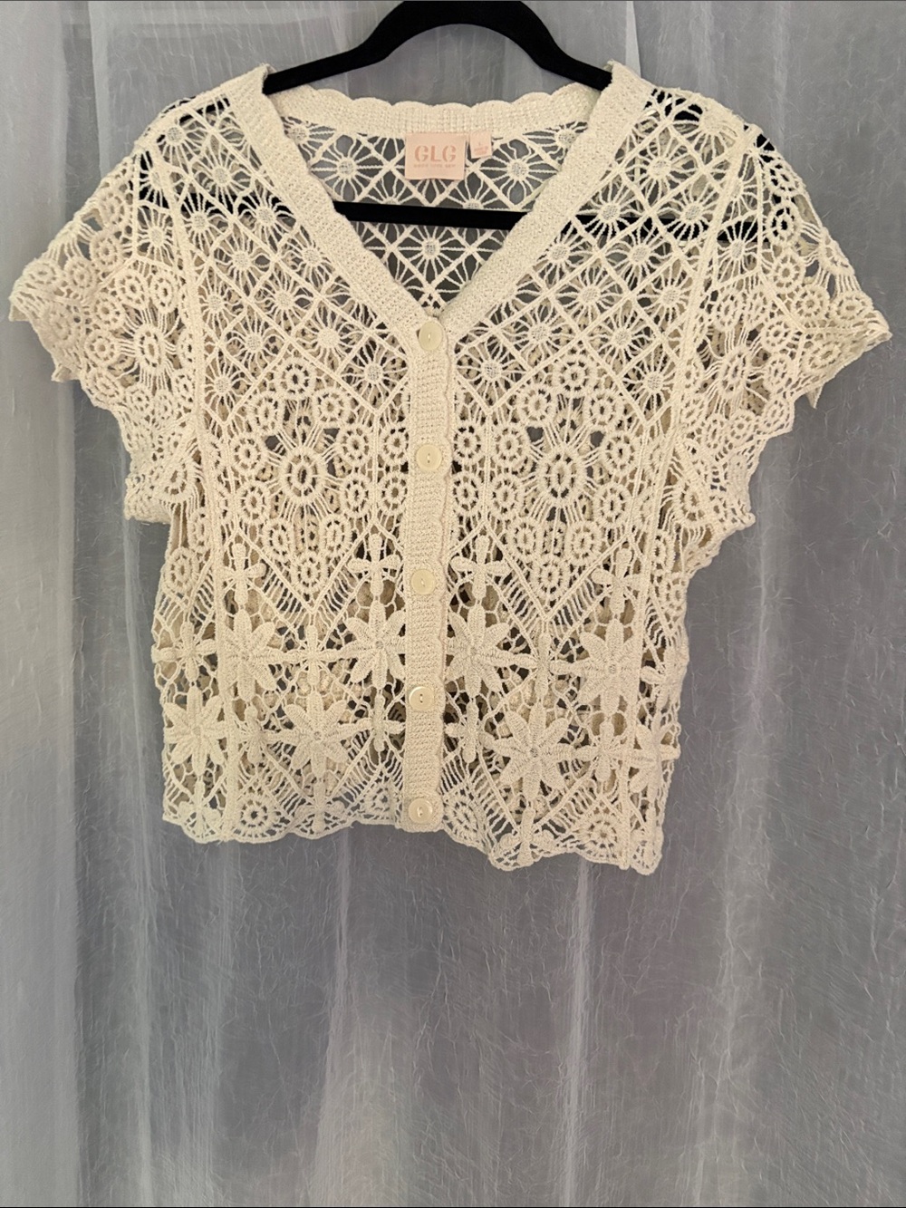 LG Ivory Crochet Button-Front Short Sleeve Cardigan
